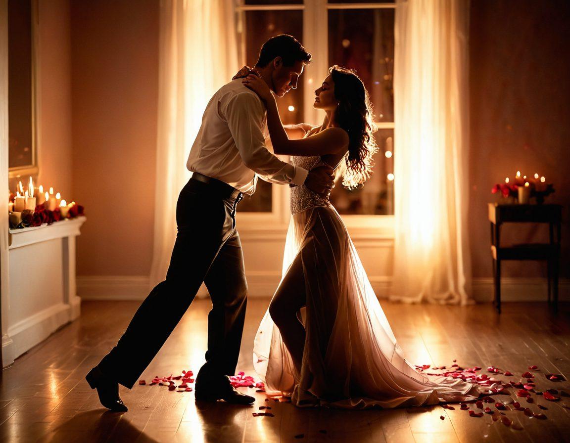 A passionate couple dancing closely in a softly lit room, their faces glowing with desire and connection. The background features warm, romantic colors, with candlelight flickering and rose petals scattered on the floor. Their body language conveys deep intimacy, while soft fabric flows around them. The atmosphere is charged with energy and love. super-realistic. warm tones. soft focus.