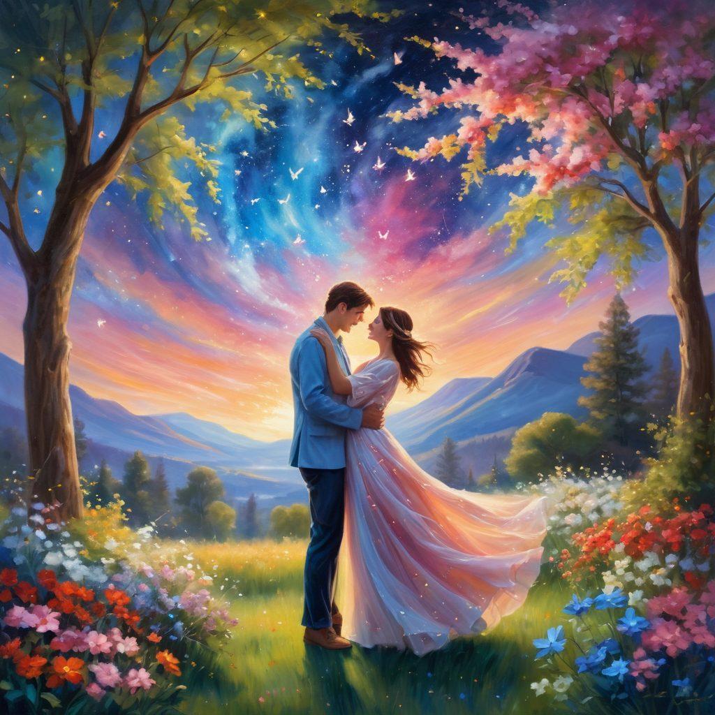 A romantic scene depicting a charming couple engaged in a playful courtship dance under a starlit sky, surrounded by blooming flowers symbolizing love. The atmosphere is warm and inviting, with soft, glowing lights accentuating their joyful expressions. Include elements of nature like butterflies and a gentle breeze to enhance the feeling of affection. impressionist painting. vibrant colors. soft focus.