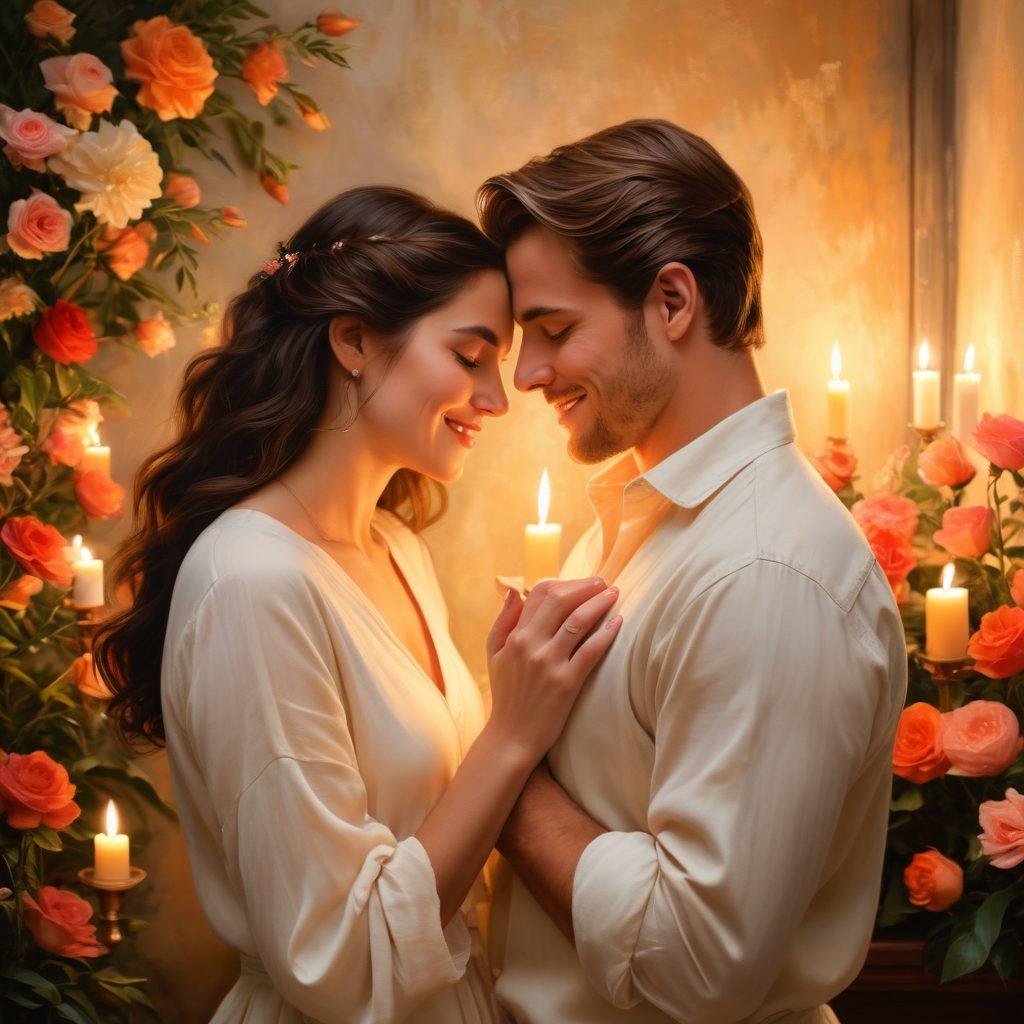 A romantic, intimate setting, showcasing a couple sharing playful glances, surrounded by soft candlelight and beautiful flowers, hinting at flirtation. Add subtle elements like intertwined hands or a playful touch to convey a sense of desire and passion. The background should exude warmth and coziness, with a hint of sensual ambiance. painting. warm colors. soft focus.
